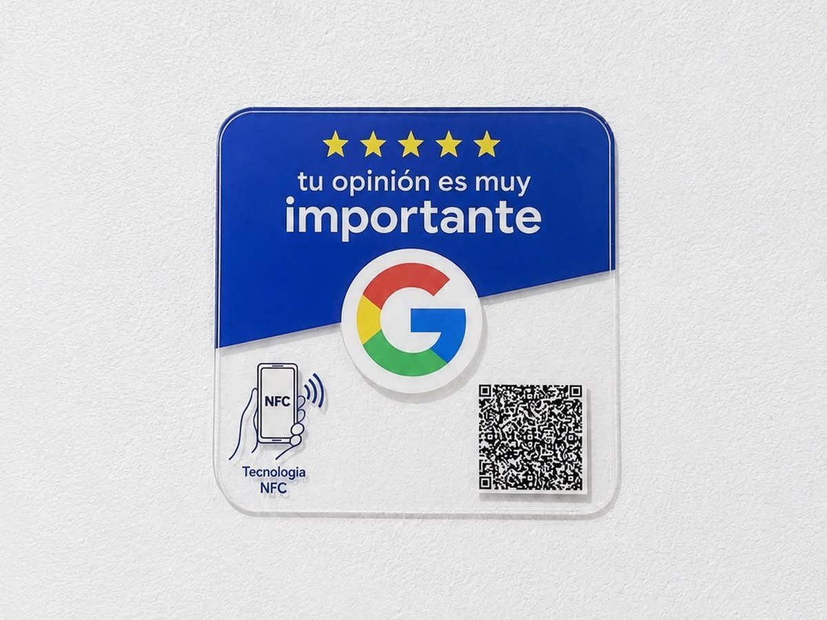Placa acrílica NFC de 10 por 10 centímetros con código QR y logo de Google, montada en pared